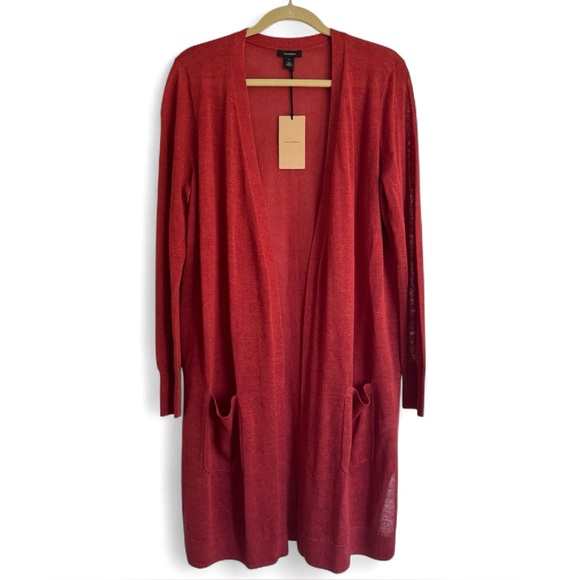 NWT Halogen Rust Red Linen Blend Long Open Front Cardigan Sweater Fall Large - Picture 1 of 6